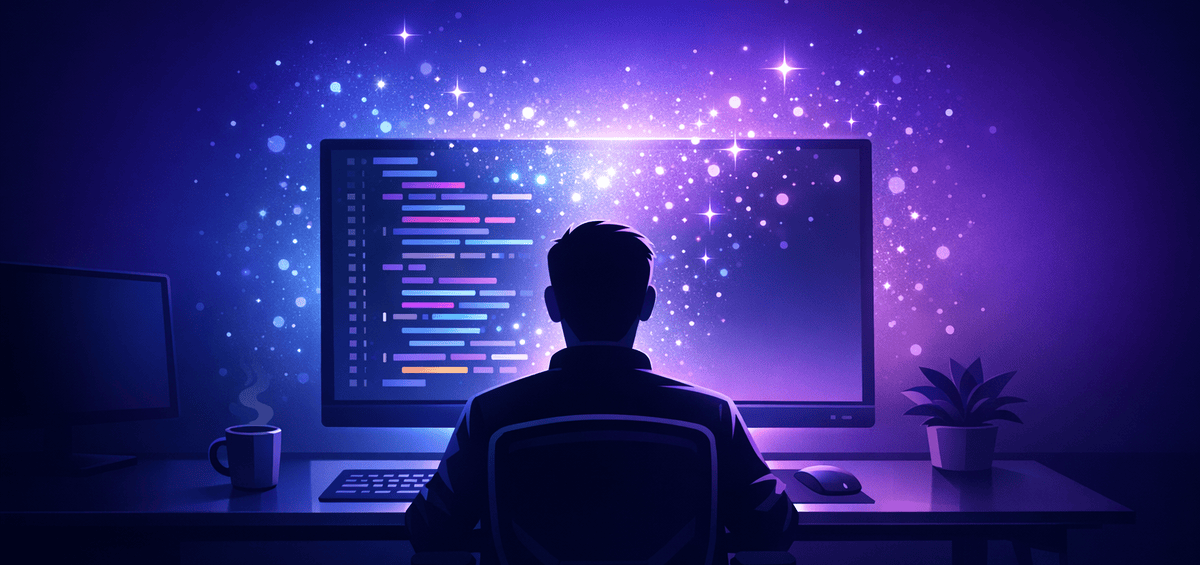 Developer sitting at a desk with code on the monitor and glowing particles representing AI assistance